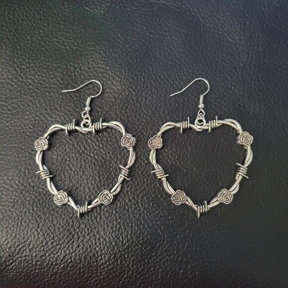 The Closet Fairy Jewelry - Heart shaped hoop earrings, barbed wire and rose detail